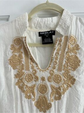 Neslay White Tunic with Tan Floral Embroidery